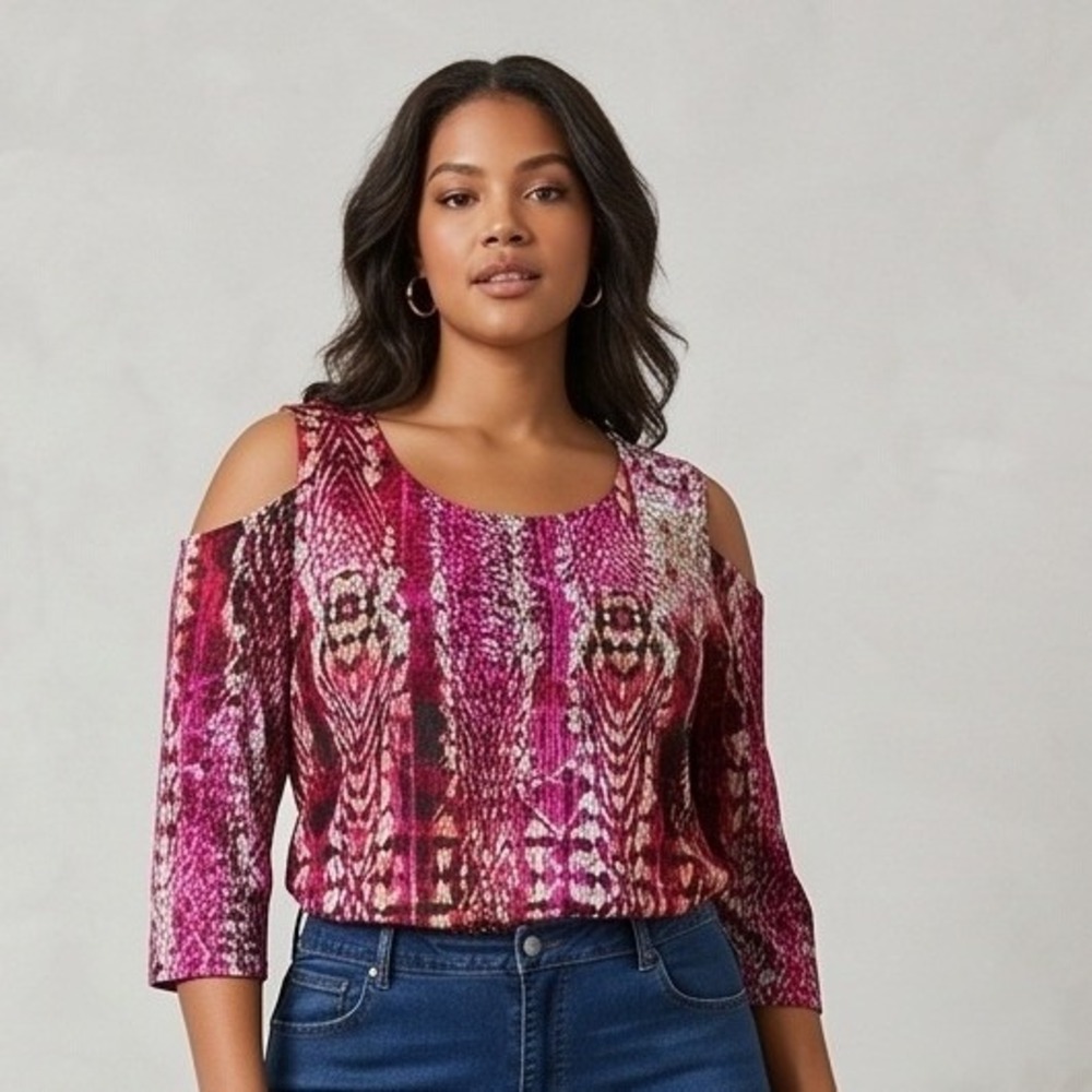 ATTITUDES by‎ Renee Womens Cold Shoulder Tunic Top XL Abstract Pink Multi